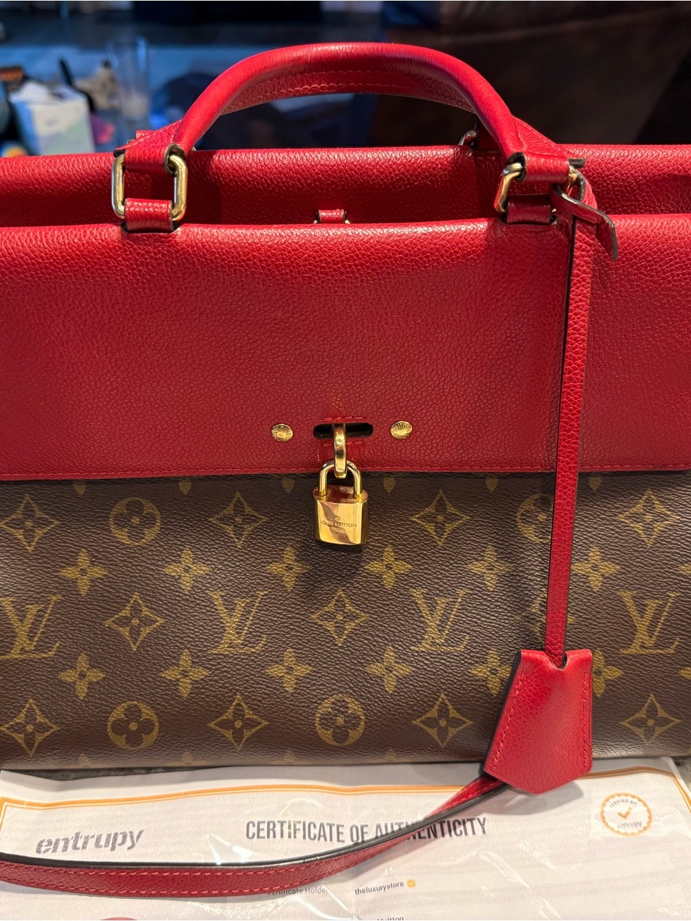 Louis Vuitton Red & Monogram Canvas Top Handle Satchel with Gold Hardware